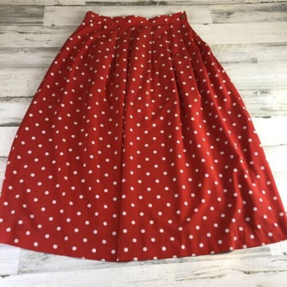 Vintage Chaus Midi Pleated Skirt Women's 16 Red W/ White Polka Dots Polyester